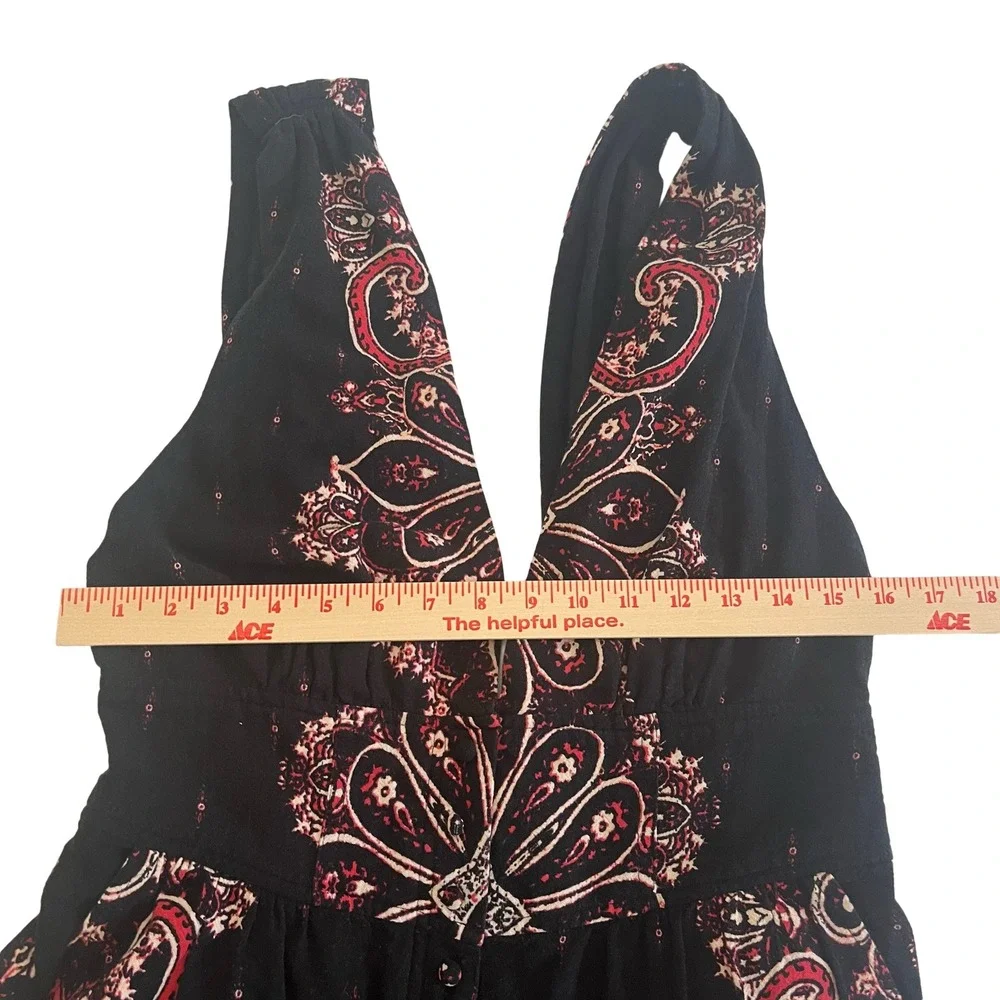 Free People Jumpsuit Womens Small Black Paisley Boho Cotton Gauze Good V-Neck